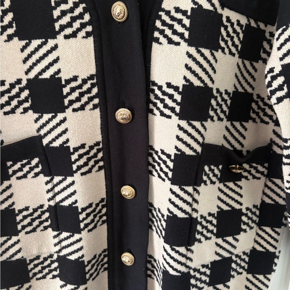 Sandro Checkered Knit Cardigan oversized Black Cream Gold Button V‑neck - Picture 3 of 7
